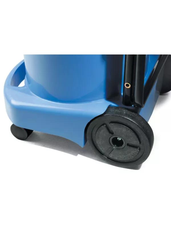 Close-up of the rear wheels and base of a Numatic vacuum cleaner.