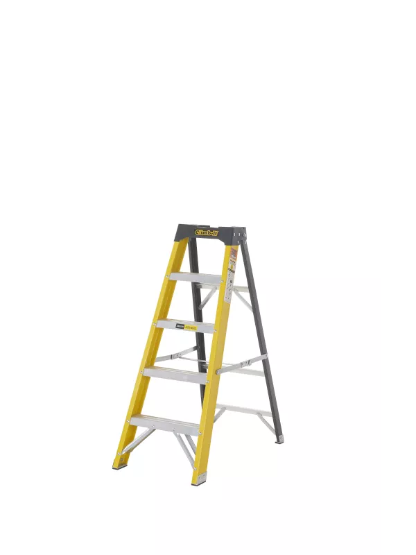 Yellow and silver step ladder with three steps on white background.