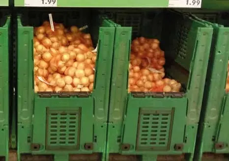 Green supermarket crates filled with onions in a retail display.