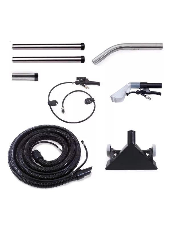 Full accessory kit including hoses, wands, spray tools, and floor tool.