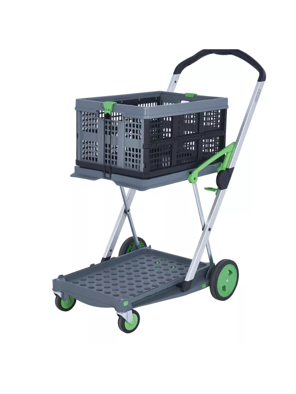 Foldable shopping and utility trolley with crate basket and ergonomic handle for easy transport.
