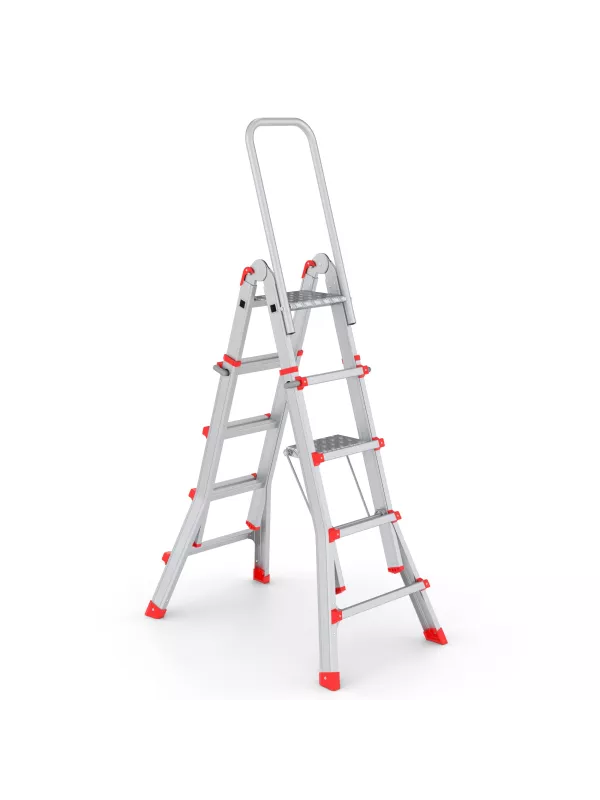 Multi-position aluminium ladder with safety rail in A-frame position.
