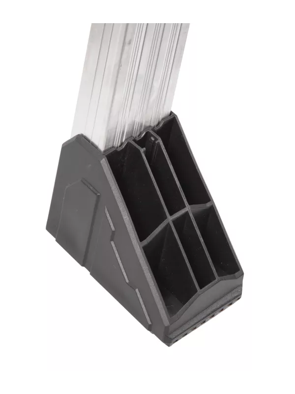 Close-up of anti-slip foot cap on folding aluminium work platform leg.