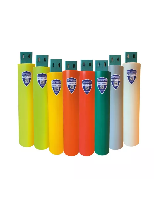 Selection of rack leg protectors in various colours, displayed upright in a row.