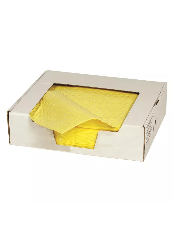 Box of yellow absorbent pads for oil and liquid spill clean-up in industrial and commercial environments