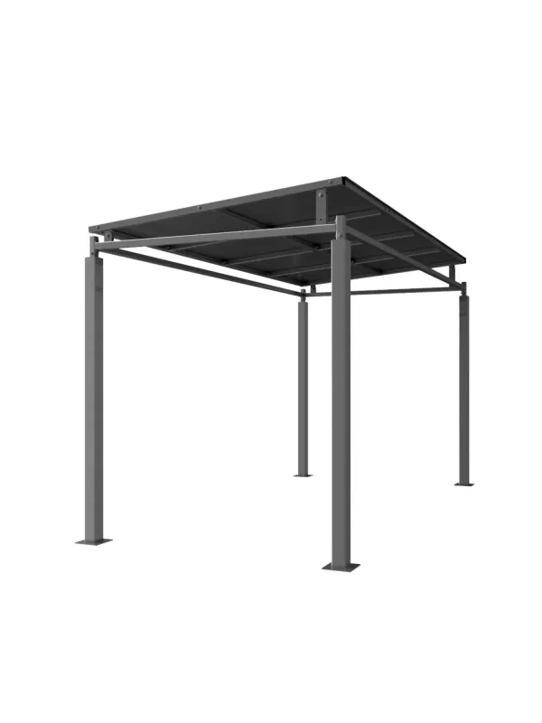 Angled view of heavy-duty steel canopy shelter with transparent roof – durable outdoor cover for walkways, seating, or equipment storage.