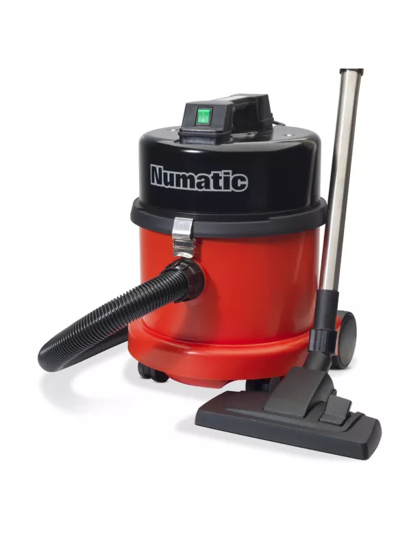 Numatic red vacuum cleaner with hose and floorhead
