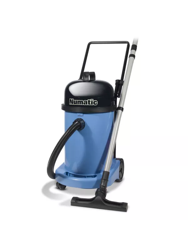 Numatic vacuum cleaner with a tilting trolley frame and floor tool attached.