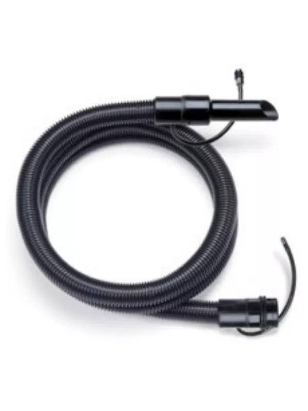 Coiled black vacuum hose with trigger-style connector for cleaning equipment.