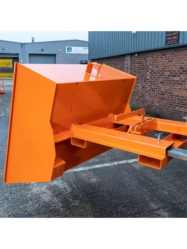 Rear view of orange forklift tipping skip showing attachment arms