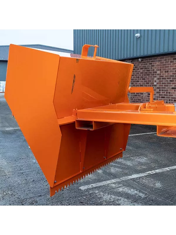 Close-up of forklift scoop attachment with durable frame and tapered edge for smooth bulk loading operations.