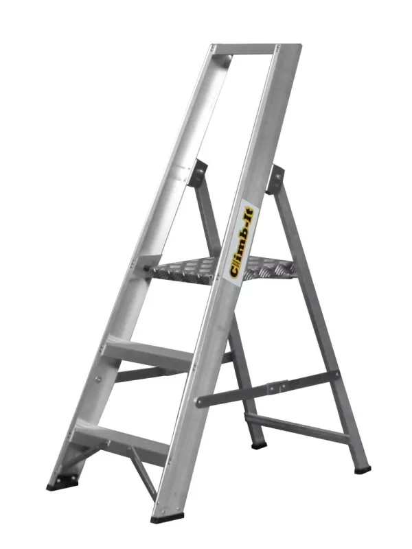 Silver aluminium step ladder with wide platform and guard rail.