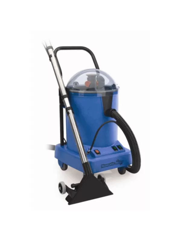 Blue Numatic carpet extractor with wand, hose, and domed clear lid.