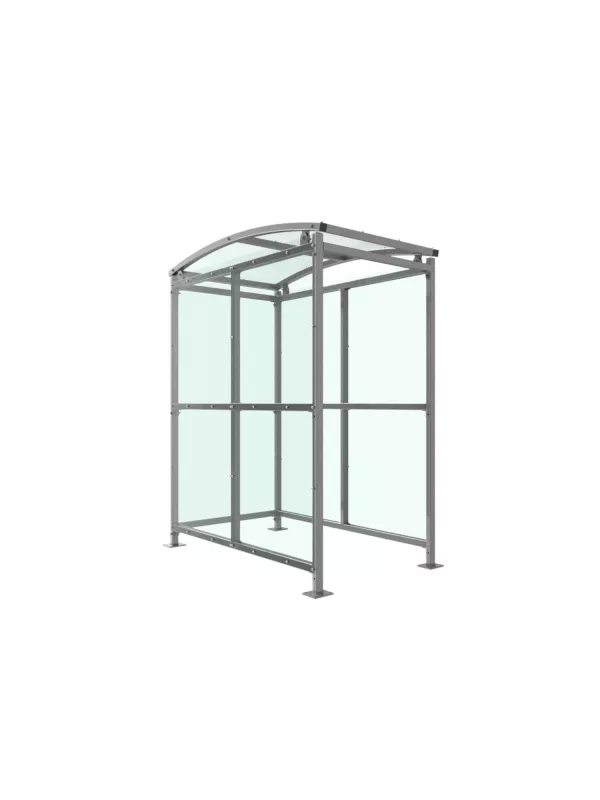 Side view of compact cycle shelter with steel frame and polycarbonate panels – secure bicycle storage solution.