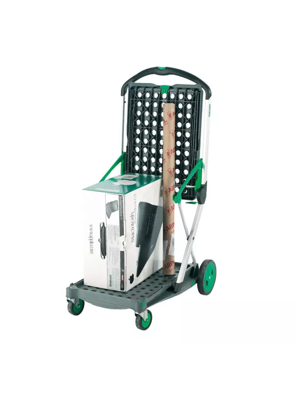Compact folding trolley shown in upright stored position with collapsible frame design.