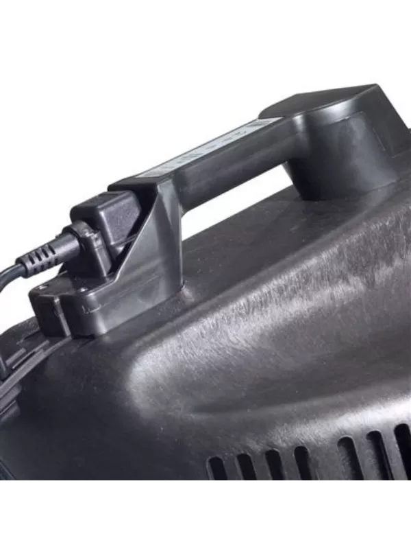 Close-up of the handle and power cable connection on a Numatic vacuum cleaner.
