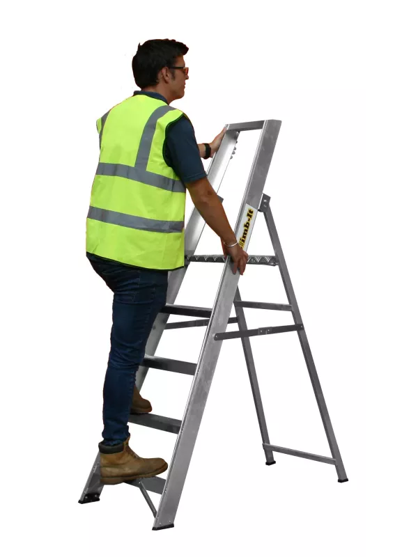 Worker in high-visibility vest using silver aluminium step ladder.