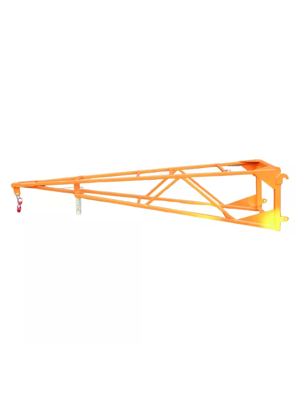 Orange forklift jib attachment with hook, designed for extending reach and safely lifting suspended loads in industrial environments.