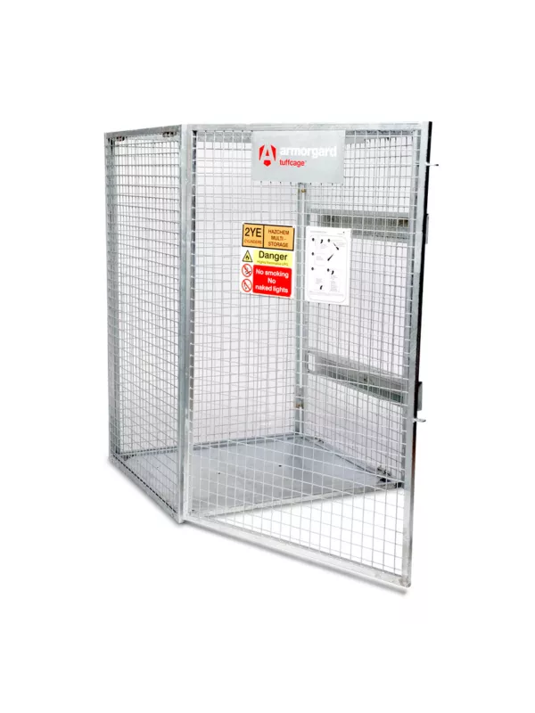 Lockable mesh gas cylinder storage cage with hinged door and safety signage