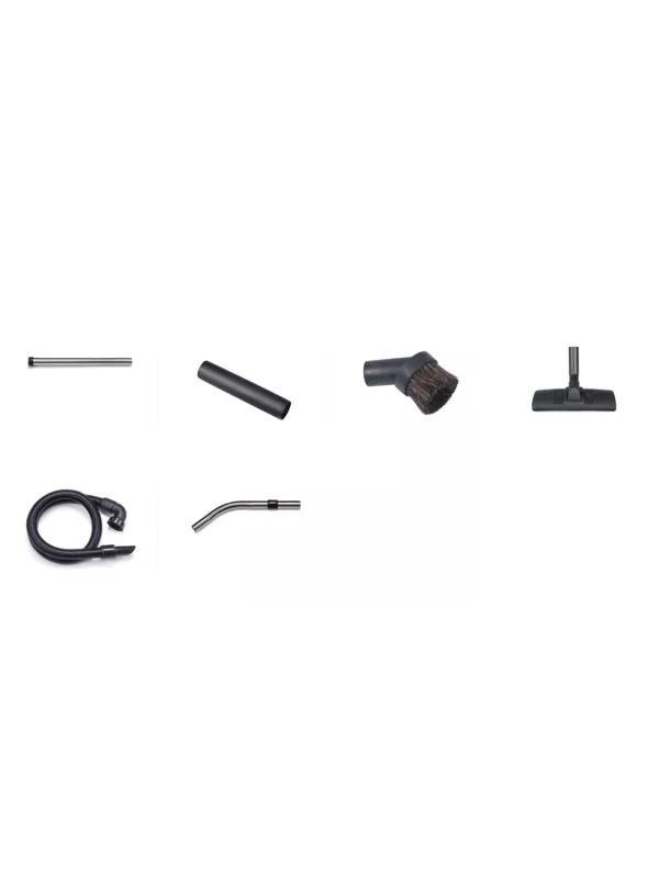Assorted vacuum cleaner tool attachments laid out on a white background, including nozzles and connectors