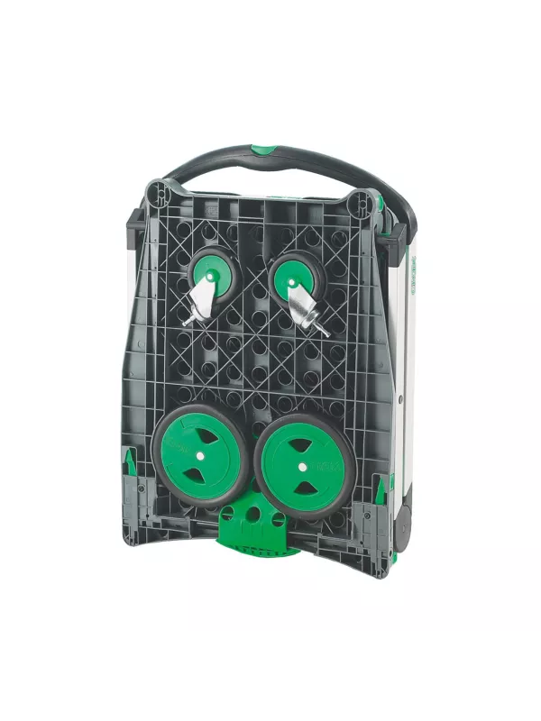 Folded trolley showing compact storage size and integrated wheels underneath.