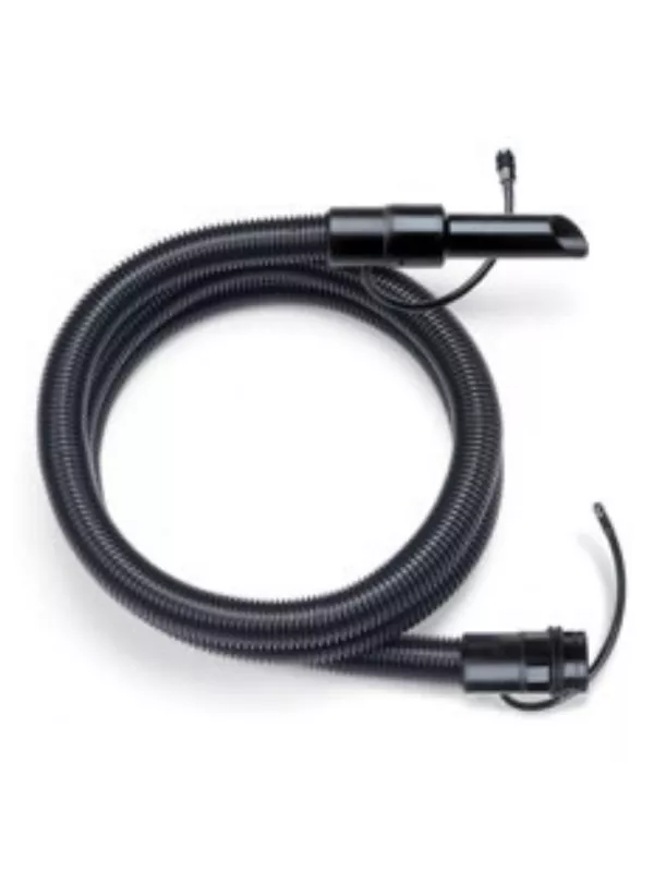 Coiled black extraction hose with metal connector and trigger fitting on a white background.
