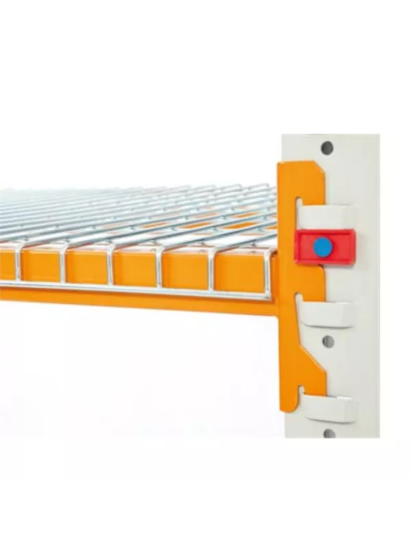 Pallet racking rear safety stop system fitted to warehouse racking beam