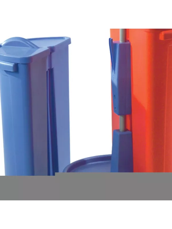 Rear view of blue and red recycling bins showing hinge and lid mechanism.