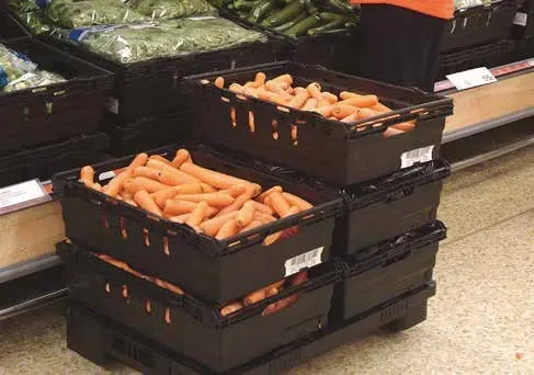 Black bale arm supermarket crates displaying fresh carrots