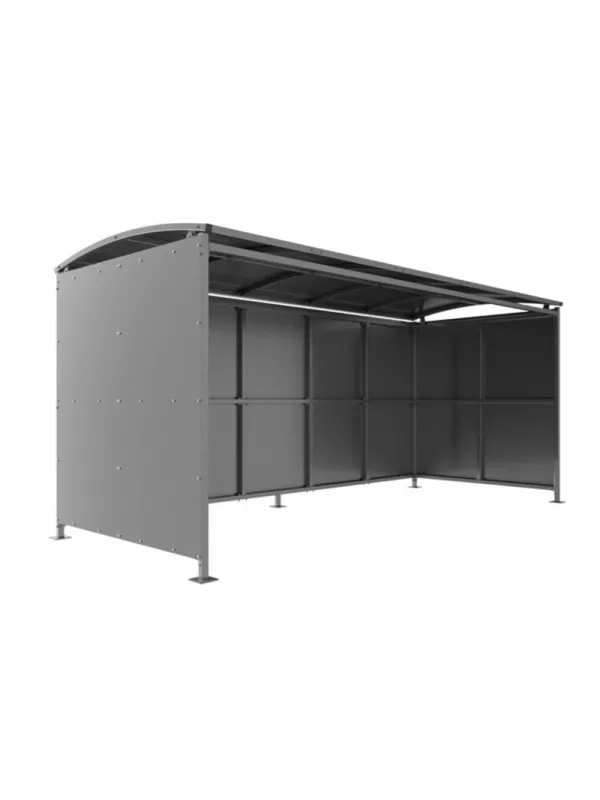 Wide outdoor cycle shelter with steel construction and curved roof – secure bicycle parking shelter for public and workplace use.