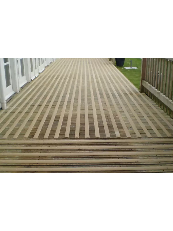 Wooden decking with GRP anti-slip strips across surface – durable slip prevention for outdoor walkways.