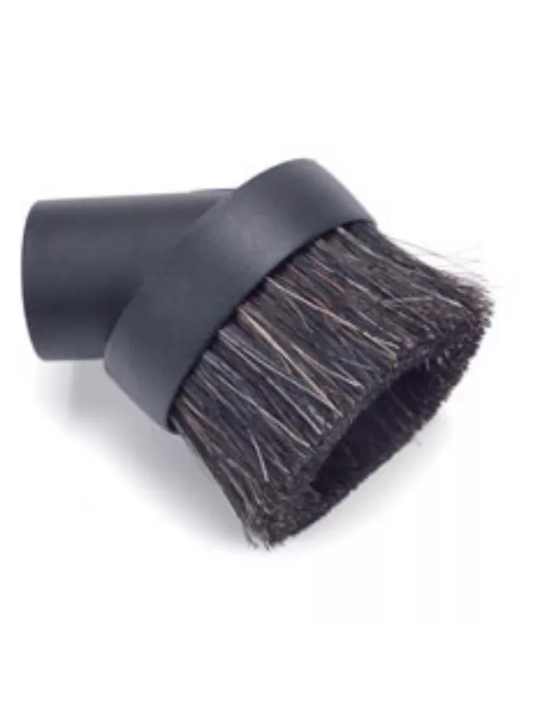 Round vacuum dusting brush attachment with soft bristles on a white background.