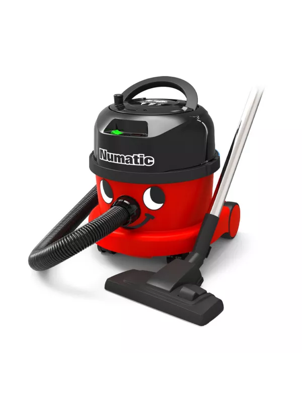 Red Numatic vacuum cleaner shown with hose and floor nozzle attached.
