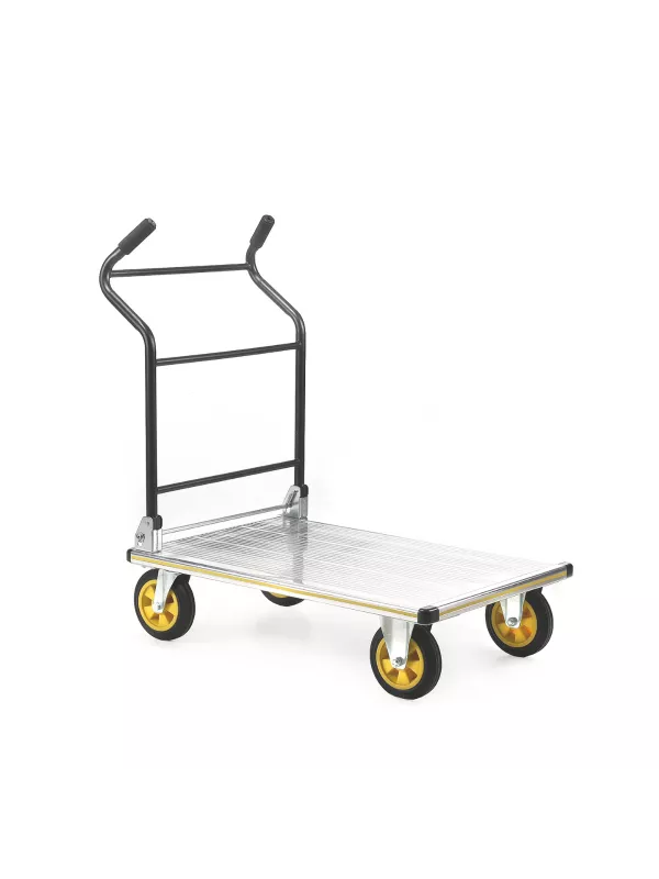 Stainless steel platform trolley with upright handle and four swivel castor wheels