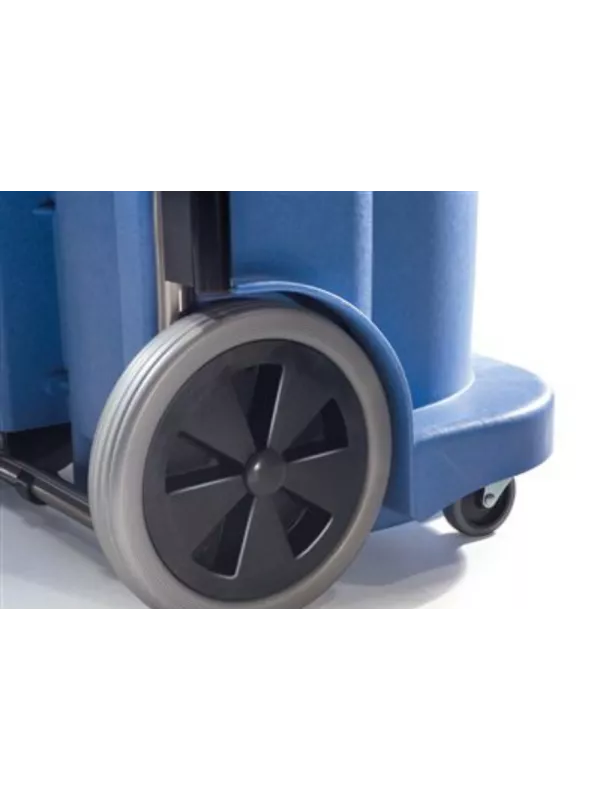 Close-up of the large rear wheel and base of a blue Numatic vacuum cleaner.