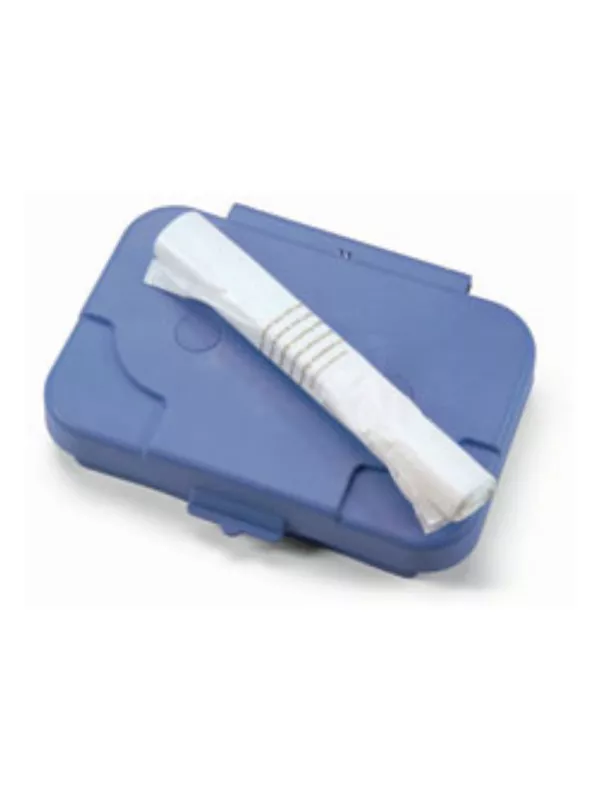 Blue vacuum filter housing with folded filter insert.