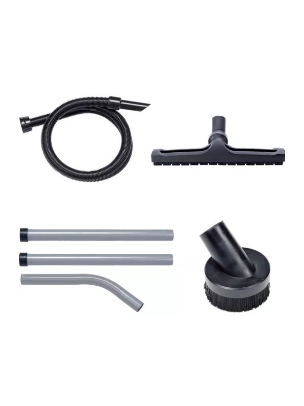 Set of vacuum cleaner accessories including hose, floor tool, extension tubes, and nozzle attachments.