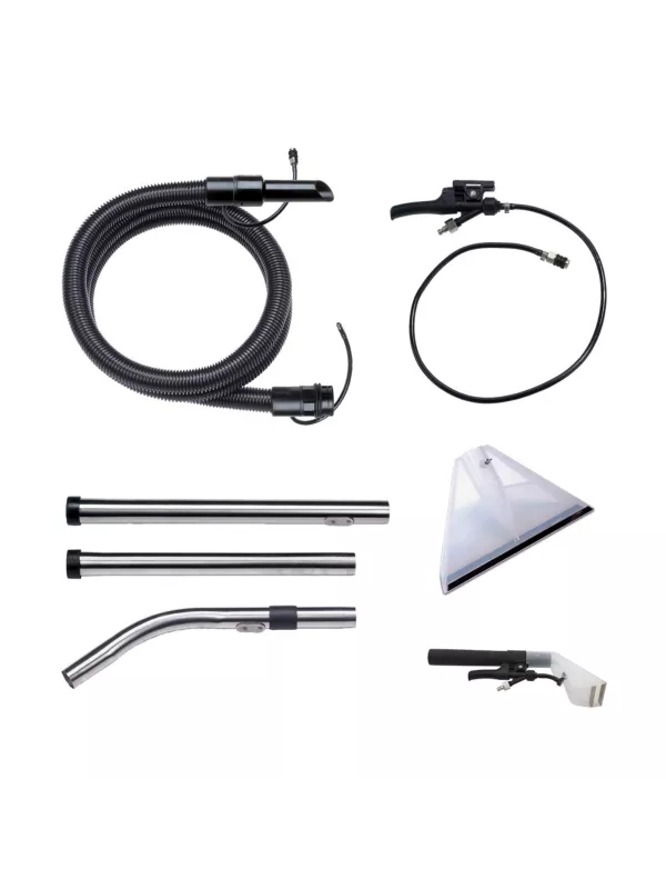 Complete extractor kit including hoses, wands, spray nozzle tools, and triangular upholstery tool.