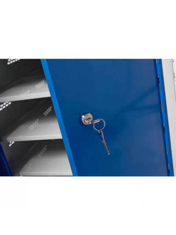 Close-up of charging cabinet door showing key-operated locking mechanism.