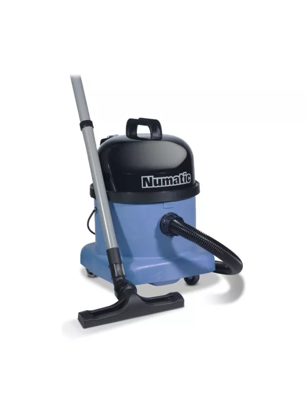 Numatic WV380 wet and dry vacuum cleaner with hose and floor tool attached.