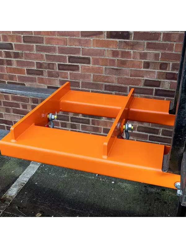 Side view of forklift hook attachment showing strong steel construction and twin hook design for lifting applications.