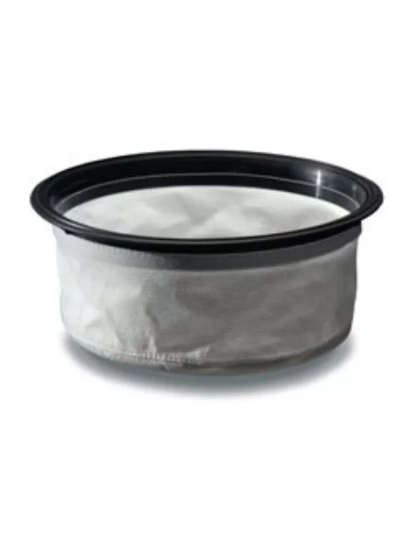 Round vacuum filter with white fabric liner and black rim.