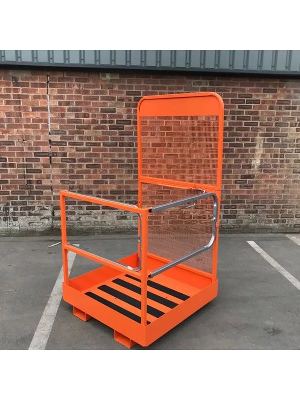 Orange forklift safety access platform with guard rails and anti-slip base for secure lifting of personnel during maintenance and inspections.