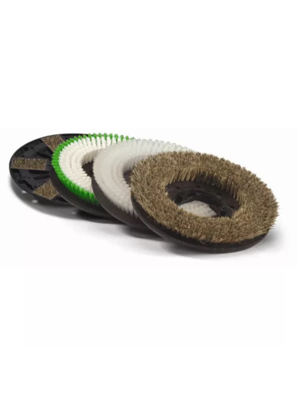 Underside view of a floor scrubbing machine showing motor and internal components.