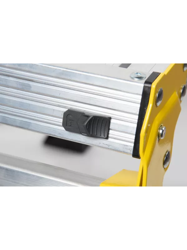 Close-up of integrated carry handle on aluminium work platform.