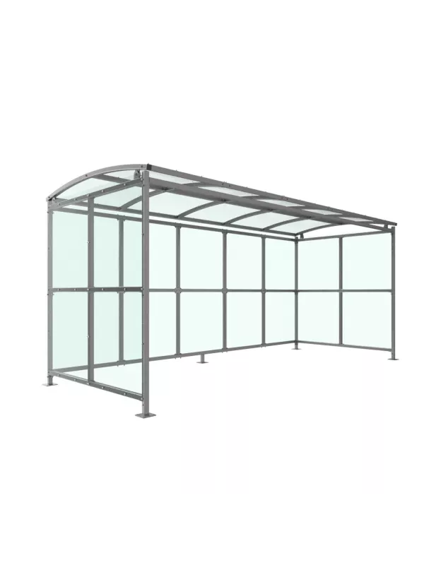 Large cycle shelter with curved roof and multiple bike stands – secure outdoor bicycle storage for schools and offices.
