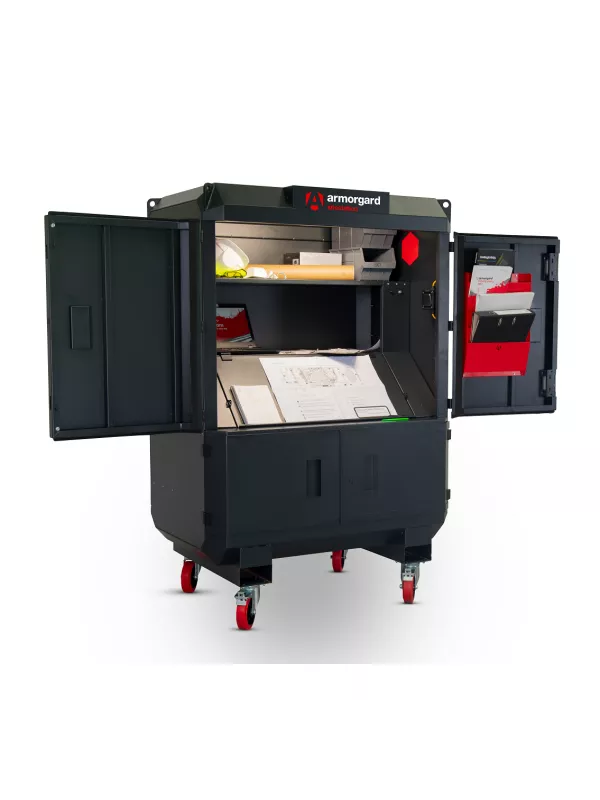 Mobile secure storage cabinet with shelves, tools and charging compartment