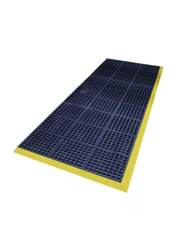 Anti-fatigue floor mat with yellow safety border for standing workstations