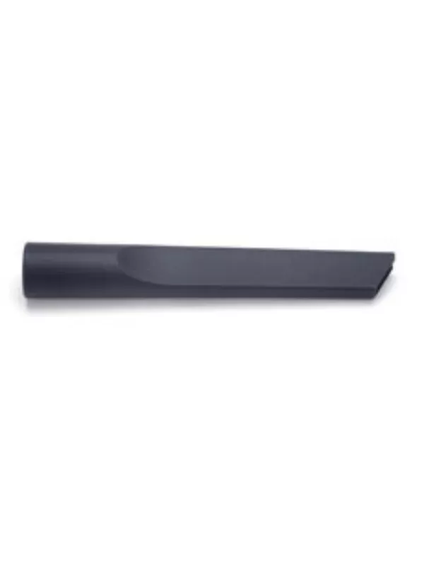 Long black crevice tool attachment for vacuum cleaners.