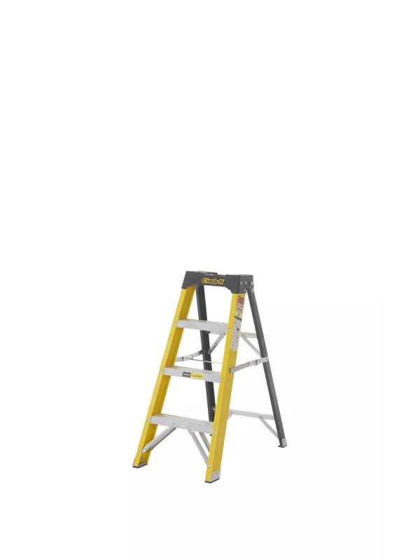 Yellow and silver step ladder with four steps on white background.